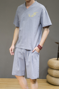 夏季新款男风棉麻套装刺绣两件套短袖+短裤灰墙灰 A18图片