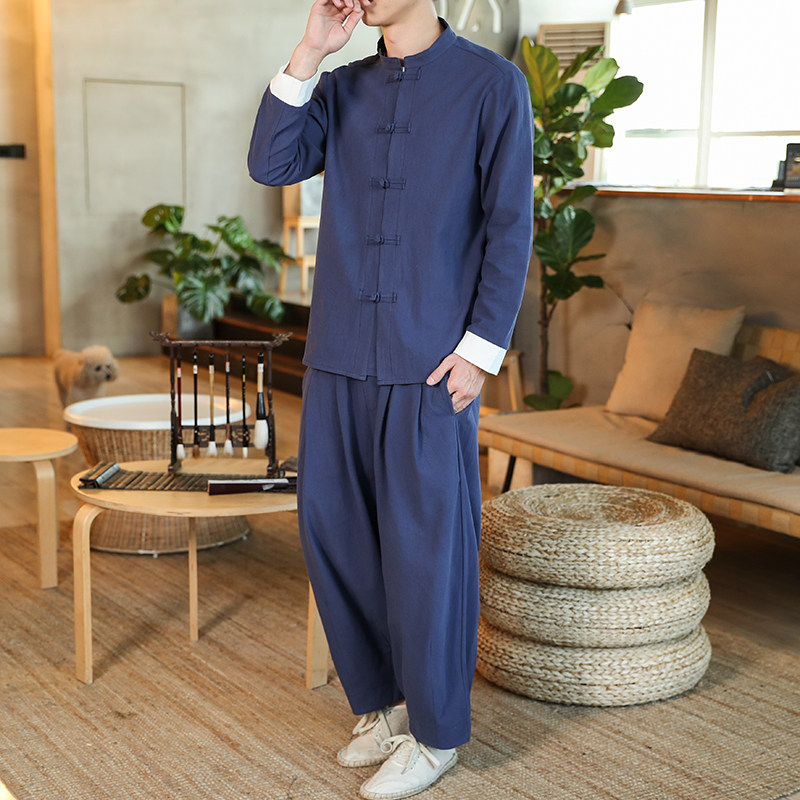 2025春夏新款男装风复古棉麻长袖长裤盘扣两件套黑色A16-P85,男装卫衣,电商B277(原6028)