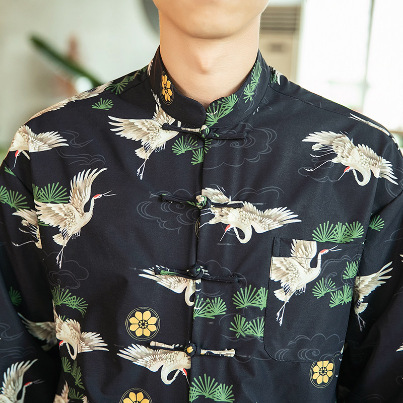 2021秋季新款男装中国风仙鹤印花衬衫盘扣唐装外套上衣C05-P70,男装衬衫,电商B277(原6028)
