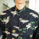2026秋季新款男装风仙鹤印花衬衫盘扣唐装外套上衣C05-P70，男装衬衫，电商B277(原6028)
