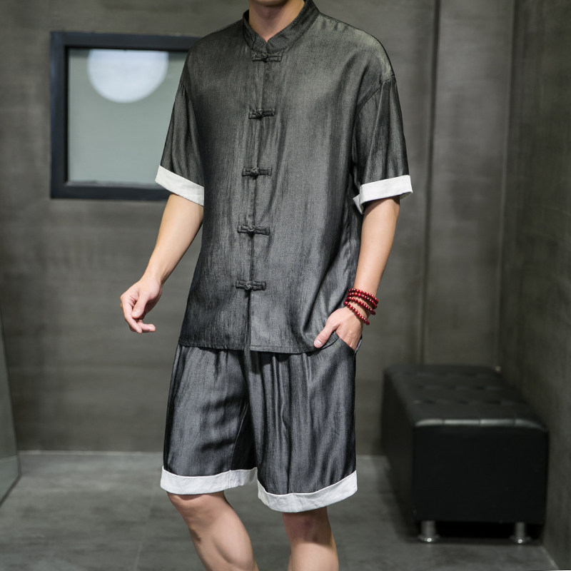 夏季新款男中国风天丝套装冰丝盘扣两件套短袖+短裤黑色A25-P85，男装休闲套装，电商B277(原6028)
