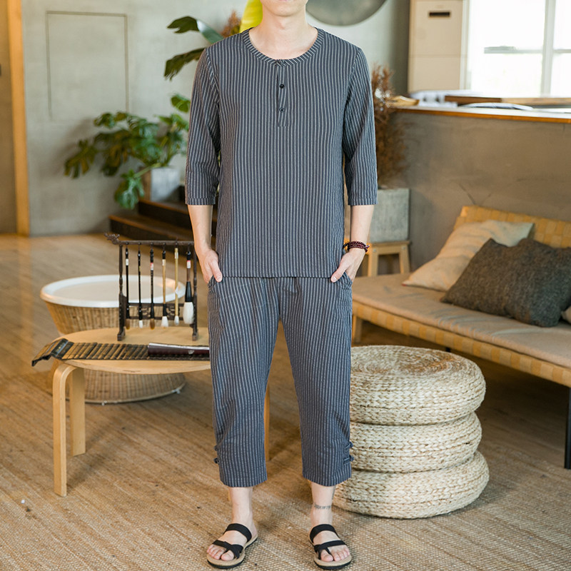 夏季新款男子中国风棉麻套装盘扣两件套短袖+七分裤灰色A23-P85，男装休闲套装，电商B277(原6028)