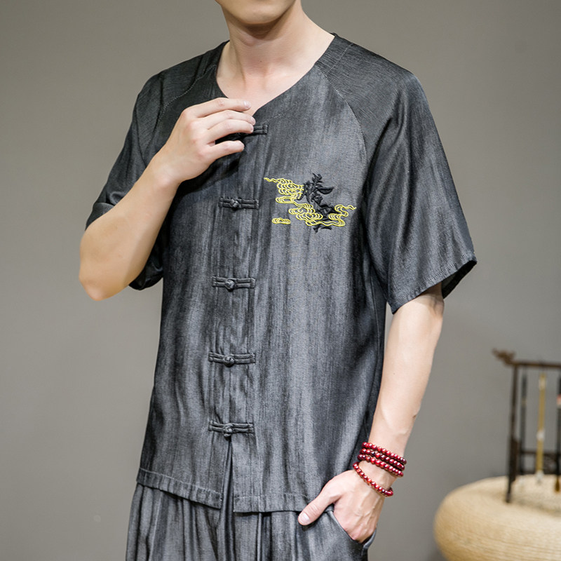 夏新款男天丝盘扣天丝宽松衬衣风绣花唐装衬衫灰墙蓝C33-P45,男装衬衫,电商B277(原6028)
