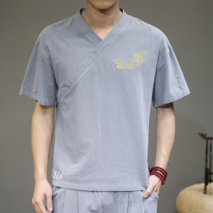 夏季新款男棉麻刺绣宽松唐装衬衣风绣花短袖衬衫灰墙 C11图片