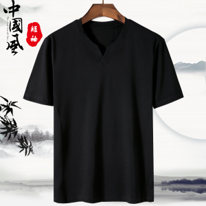 2021夏新款男装原创中国风V领短袖透气T恤中式上衣白底图 T17-P35图片