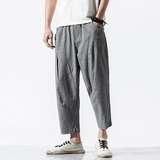 2021夏季新款男装中国风棉麻休闲裤亚麻七分裤黑色K08-P45白墙图，男装休闲裤，电商B277(原6028)