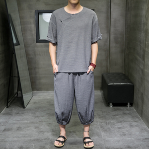 夏季新款男中国风冰丝套装盘扣两件套短袖+七分裤黑色 A22-P95图片