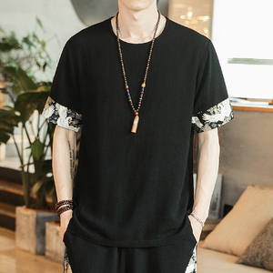 2021夏季新款中国风男亚麻仙鹤印花短袖上衣棉麻T恤藏青 T09-P45图片