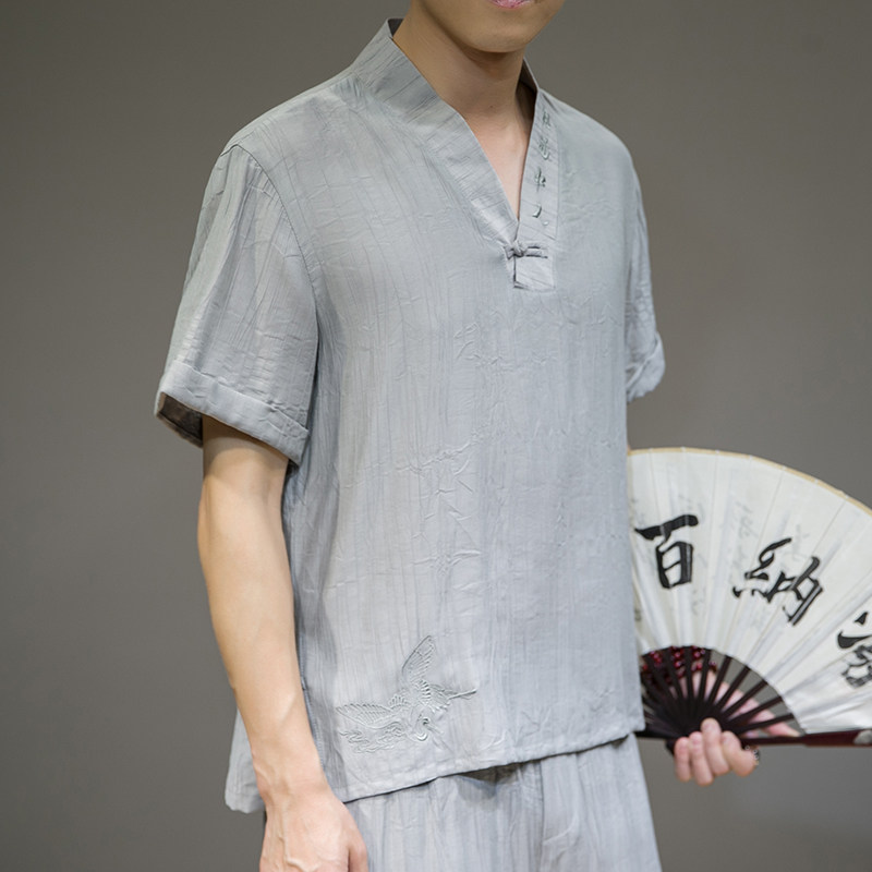 夏新款男原创盘扣宽松唐装衬衣风绣花短袖衬衫灰墙黑C31,男装衬衫,电商B277(原6028)