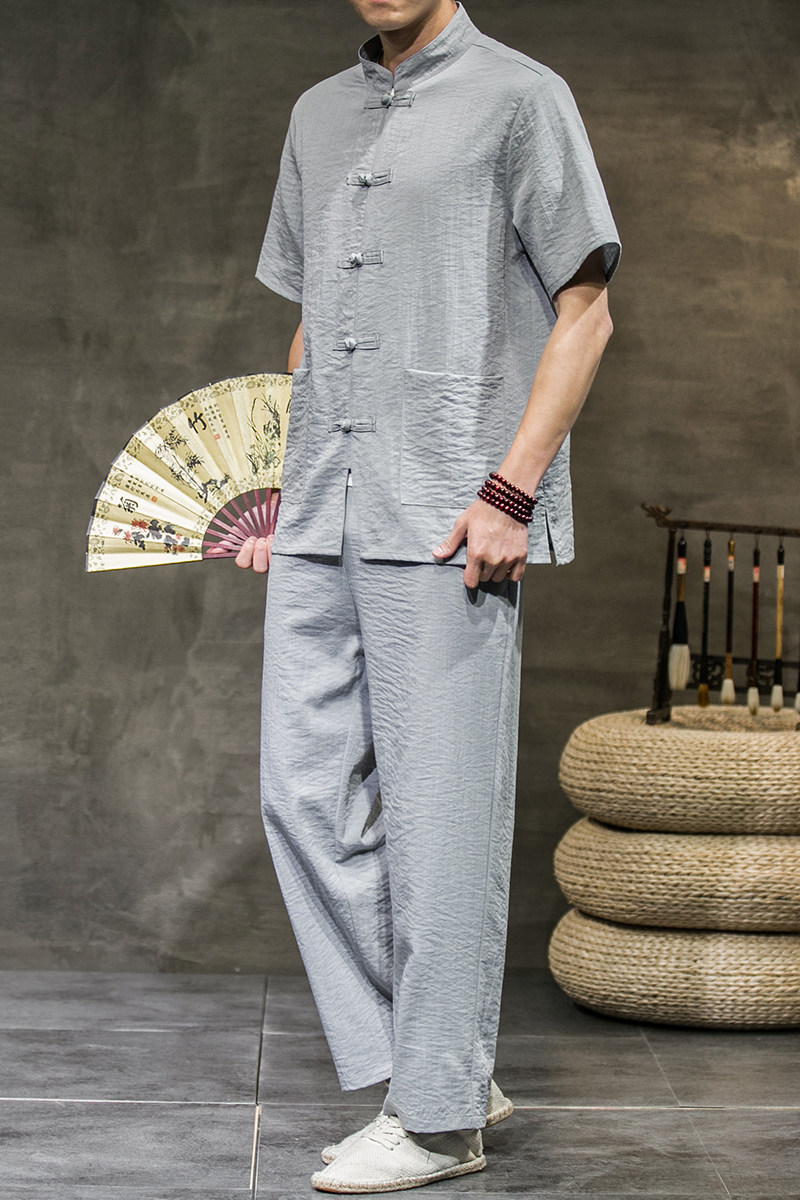 夏季新款男装套装中国风复古冰丝防皱短袖两件套黑墙灰色A13-P75,男装休闲套装,电商B277(原6028)