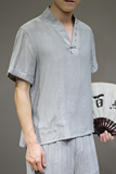 2025春季新款男原创盘扣宽松唐装风绣花短袖衬衫浅灰C31-P55，男装T恤，电商B277(原6028)