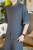 夏新款男装中国风棉麻盘扣冰丝唐装衬衣绣花短袖衬衫深灰C15-P55，男装衬衫，电商B277(原6028)