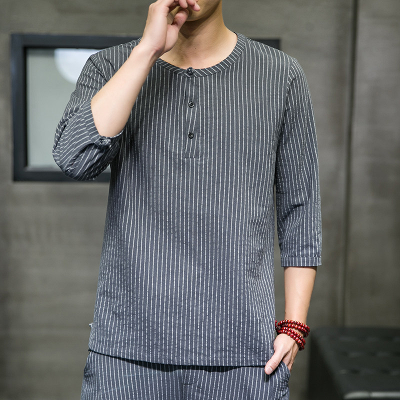 夏季新款男原创盘扣宽松衬衣中国风条纹唐装衬衫白色C23-P45,男装衬衫,电商B277(原6028)