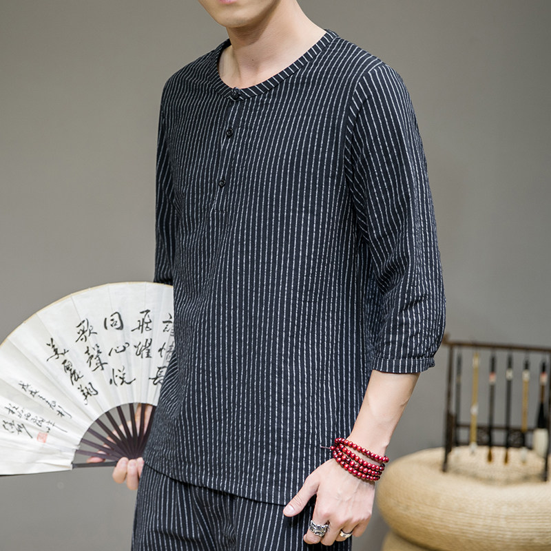 夏新款男棉麻原创盘扣宽松衬衣风条纹唐装衬衫灰墙蓝C23,男装衬衫,电商B277(原6028)