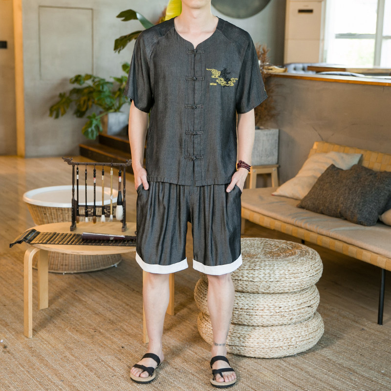 夏季新款男装中国风天丝套装刺绣冰丝两件套短袖+短裤蓝A19-P85,男装休闲套装,电商B277(原6028)