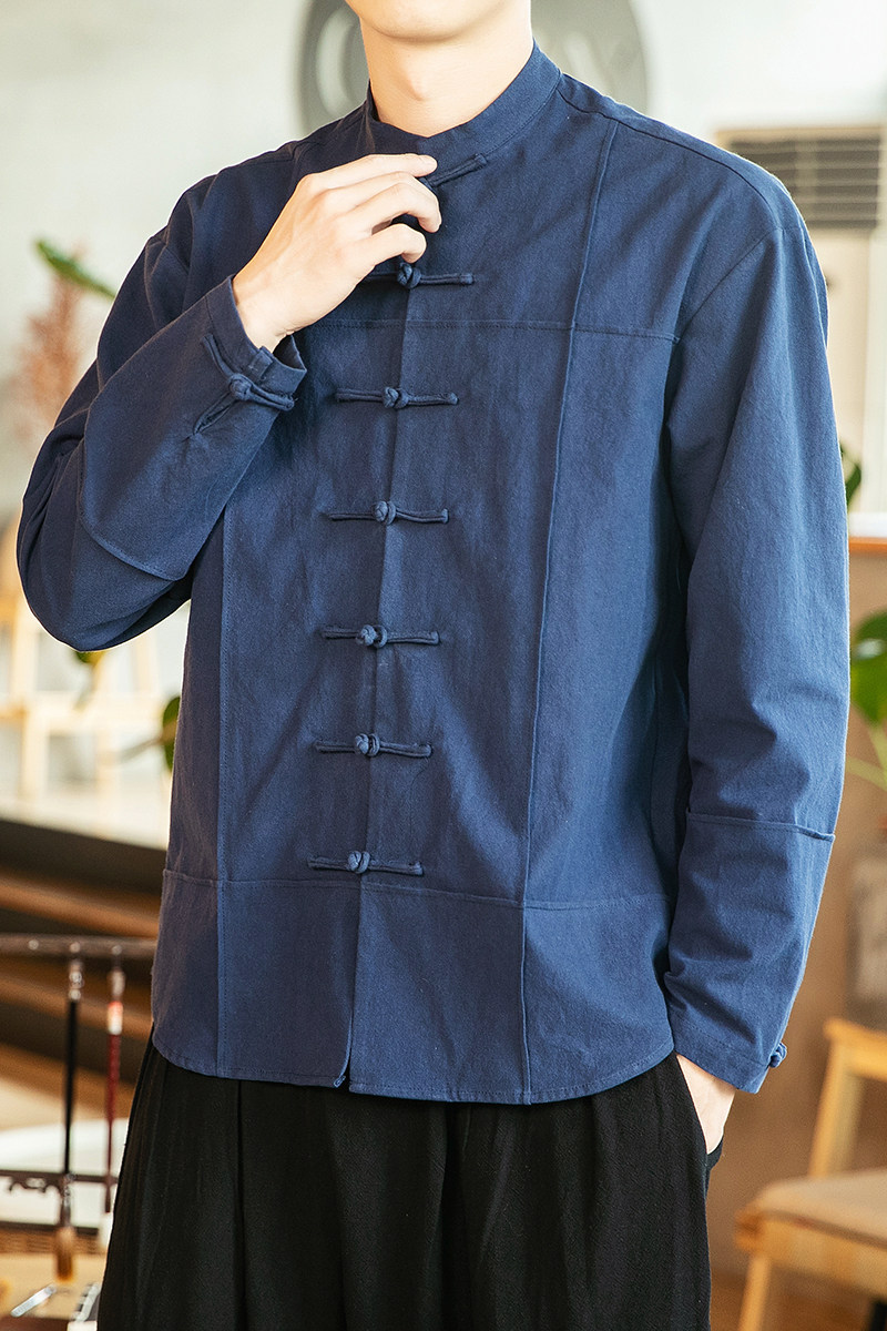 2021春季新款男装中国风衬衫中式盘扣唐装外套汉服上衣蓝C06-P70,男装衬衫,电商B277(原6028)