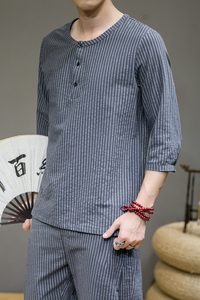 夏新款男棉麻原创盘扣宽松衬衣风条纹唐装衬衫灰墙灰 C23图片