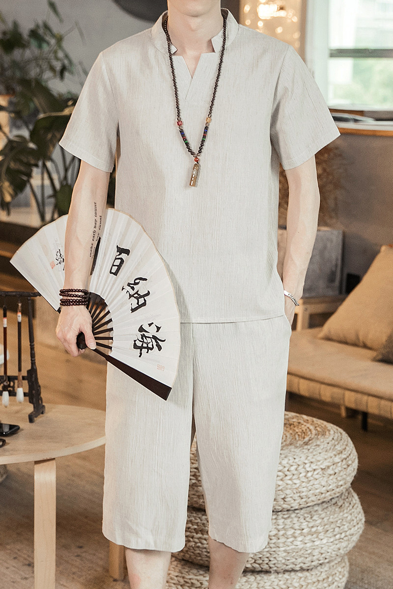 2021夏季新款男装T恤中国风复古原创棉麻v领短袖上衣麻本T13-P45,男装T恤,电商B277(原6028)