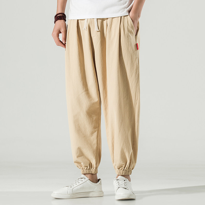 春季新款男装棉麻风宽松休闲裤松紧小脚裤白墙图米色，男装休闲裤，电商B277(原6028)