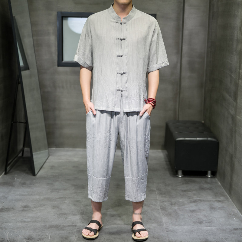 夏新款男中国风天丝套装刺绣冰丝两件套短袖+短裤卡其A20-P95,男装休闲套装,电商B277(原6028)