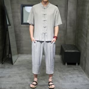 夏新款男风天丝套装刺绣冰丝两件套短袖+短裤黑色A20-P95
