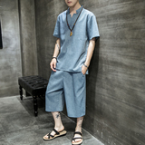 夏季新款男中国风棉麻套装亚麻大码两件套黑色短袖+短裤A05-P85，男装套装，电商B277(原6028)
