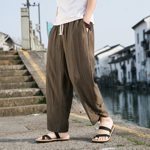 2025春夏新款风长裤大码宽松桃花皱盘扣休闲裤卡其 K116-P55图片