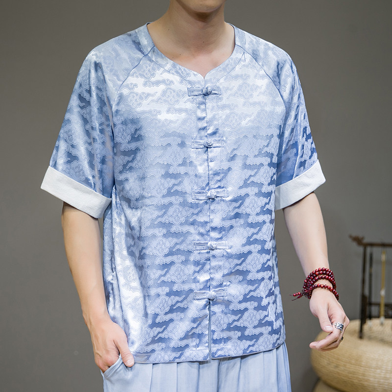 夏新款男原创盘扣宽松衬衣风唐装云纹提花衬衫灰墙蓝C32,男装衬衫,电商B277(原6028)