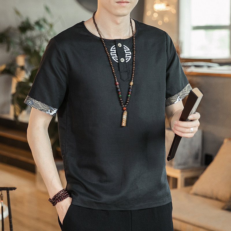 2025春季新款男风棉麻刺绣短袖上衣亚麻透气T恤T16-P45咖啡厅,男装T恤,电商B277(原6028)