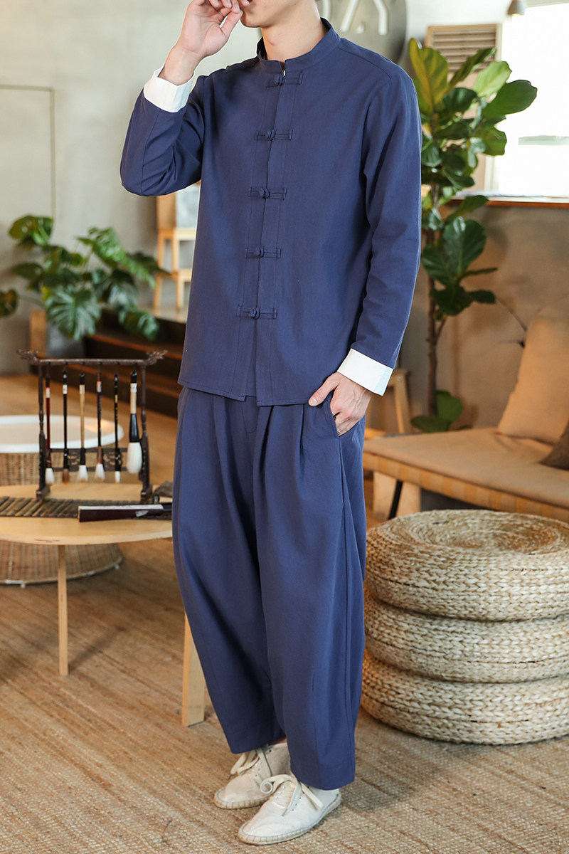 2025春夏新款男装风复古棉麻长袖长裤盘扣两件套藏青A16-P85,男装卫衣,电商B277(原6028)