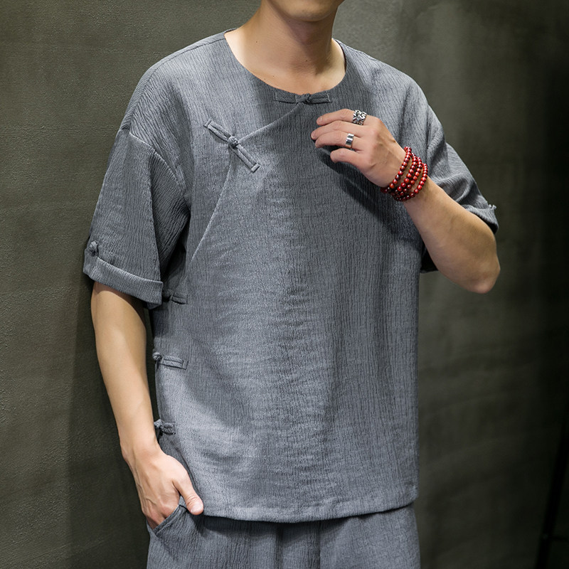 夏季新款男冰丝抗皱宽松唐装衬衣风盘扣短袖衬衫灰色 C18-P55图片