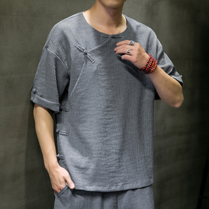 夏季新款男冰丝抗皱宽松唐装衬衣风盘扣短袖衬衫灰色 C18-P55图片