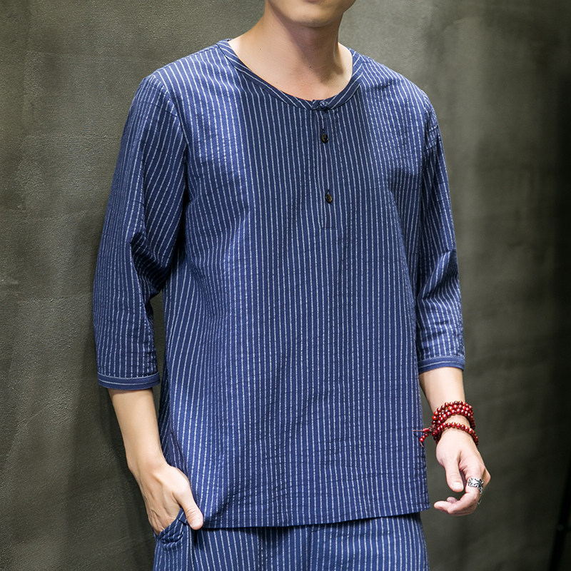 夏季新款男原创盘扣宽松衬衣中国风条纹唐装衬衫白色C23-P45,男装衬衫,电商B277(原6028)