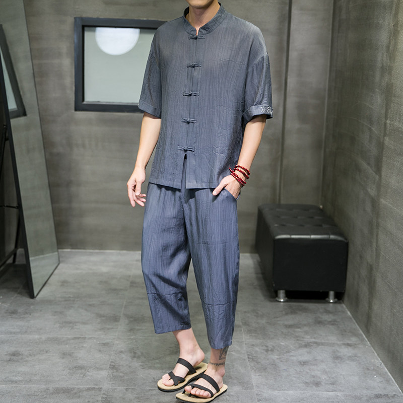 夏新款男中国风天丝套装刺绣冰丝两件套短袖+短裤卡其A20-P95,男装休闲套装,电商B277(原6028)