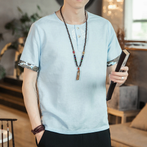夏季新款男中国风棉麻刺绣短袖上衣亚麻透气T恤灰色T16-P45咖啡厅图片