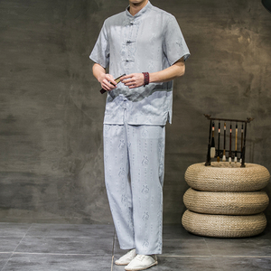 2025夏季新款男装套装风棉麻提花刺绣短袖两件套黑墙 A12-P85图片