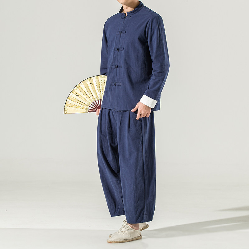 2025春夏季新款男风复古棉麻长袖盘扣两件套白墙灰色A16-P85,男装卫衣,电商B277(原6028)
