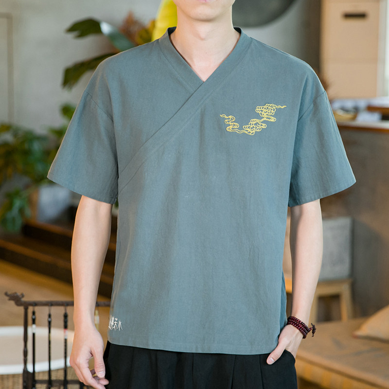 夏季新款男装棉麻刺绣宽松唐装衬衣中国风绣花短袖衬衫绿 C11-P35图片