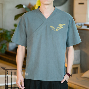 夏季新款男装棉麻刺绣宽松唐装衬衣中国风绣花短袖衬衫绿 C11-P35图片