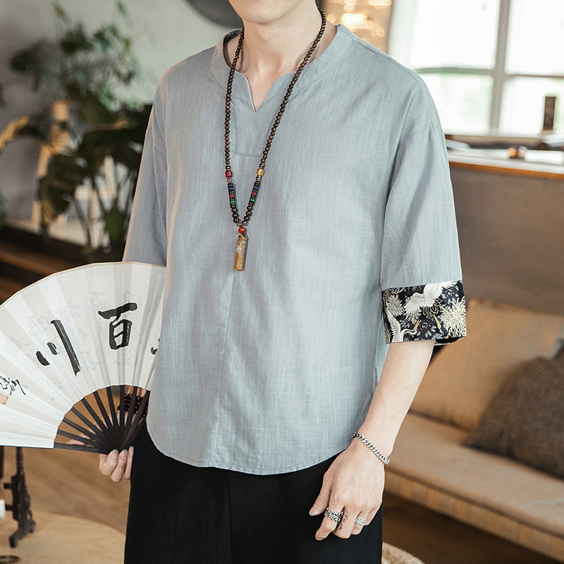 夏季新款男装 风仙鹤印花短袖上衣薄款T恤灰色 T11咖啡厅图片