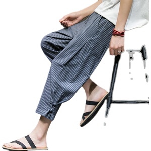 2025夏季新款男装条纹棉麻风宽松休闲盘扣七分裤黑墙K100-P45图片