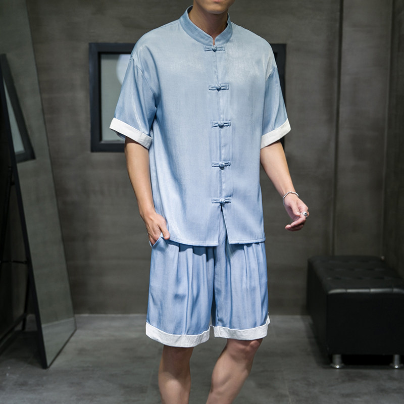 夏季新款男中国风天丝套装冰丝盘扣两件套短袖+短裤灰色A25-P85,男装休闲套装,电商B277(原6028)