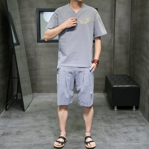 夏季新款男中国风棉麻套装刺绣两件套短袖+短裤灰色A18-P55