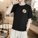 2021夏季新款男装圆领刺绣双鱼中袖T恤中国风五分袖短袖T01-P25，男装T恤，电商B277(原6028)