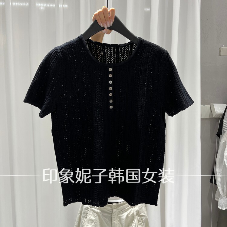 欧洲站黑色短袖麻花针织衫女2026春季半开扣显瘦减龄百搭上衣