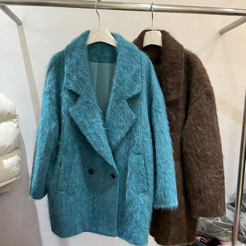 欧洲站2025冬季新款时尚翻领单排扣拉毛宽松休闲大衣外套女70084