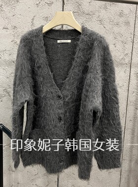 韩国进口秋冬灰V领长毛毛衣外套