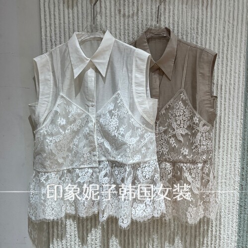 欧洲站蕾丝拼接假两件翻领马甲