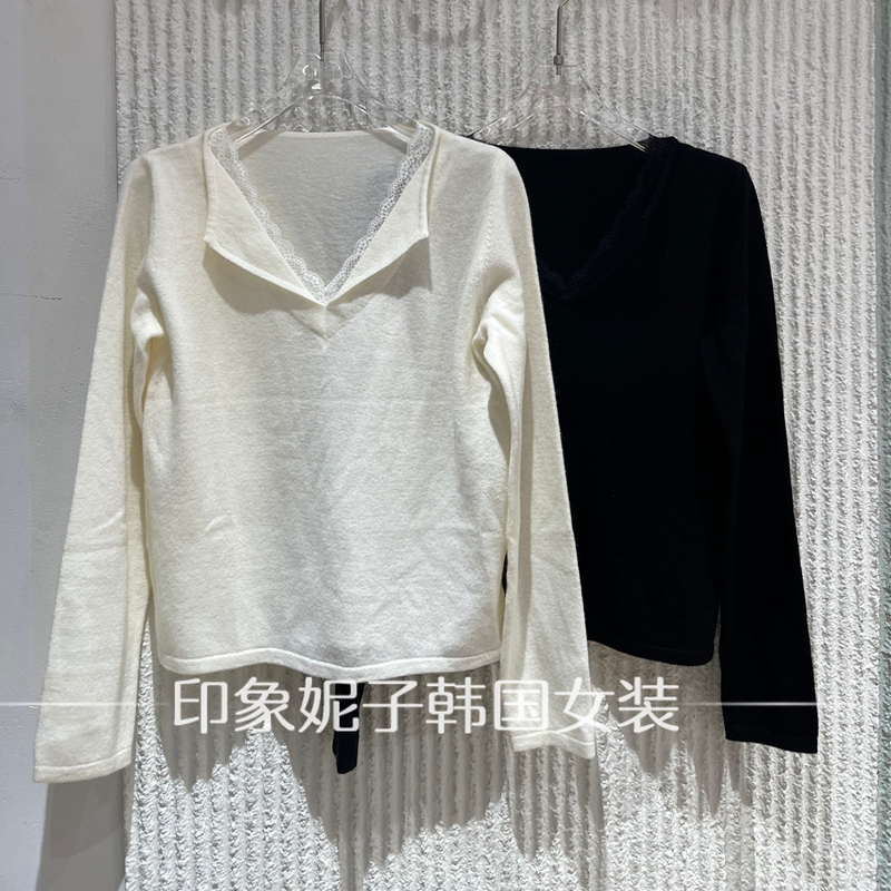 欧洲站2025冬季新款简约风拼蕾丝V领软糯毛衣女针织打底衫06585