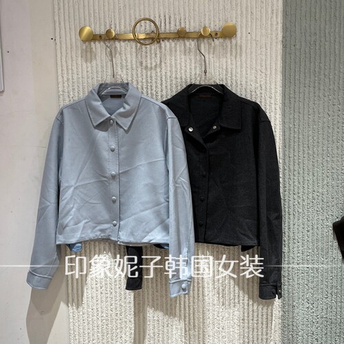 PH23翻领短款皮衣女百搭单排扣